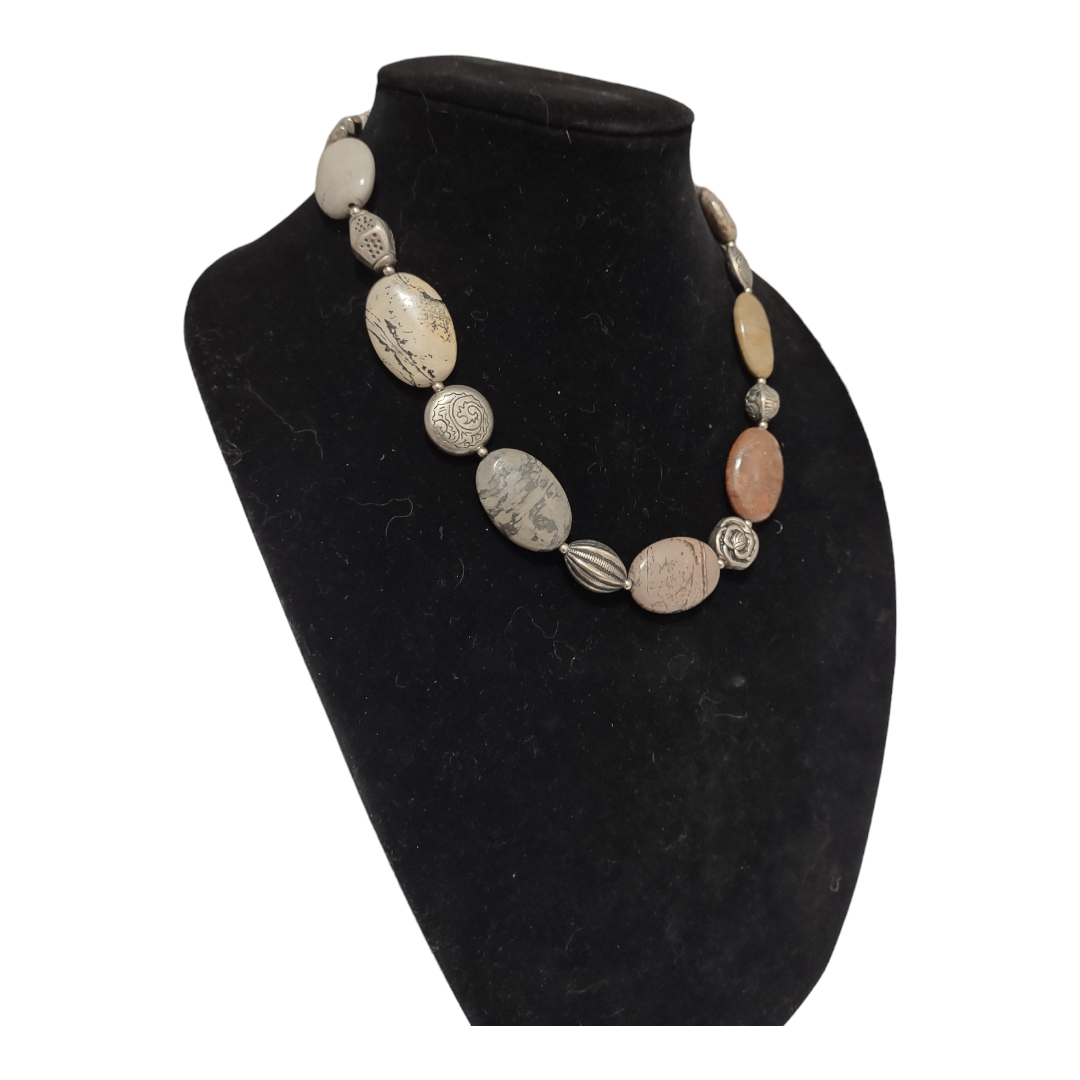 Jasper Stone Necklace Earth Tones Gemstone Jewelry With Metal Beads Accessories 40$